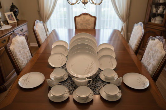 24 piece Platinum Wheat pattern dishes. They manufactured by Fine China of Japan between 1950-1970.