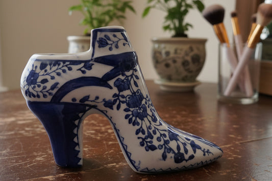 Vintage  Victorian Blue and White High-Heeled Shoe